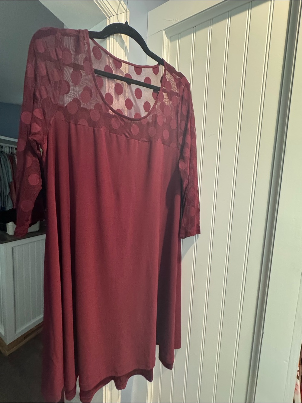 Nina Leonard Burgundy Polka Dot Lace Yoke Tunic